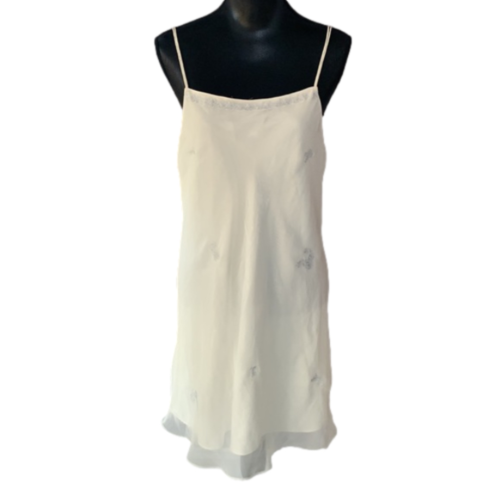 Lord & Taylor Ivory Cream Lined Silver Metallic Embroidered Slip Dress Medium